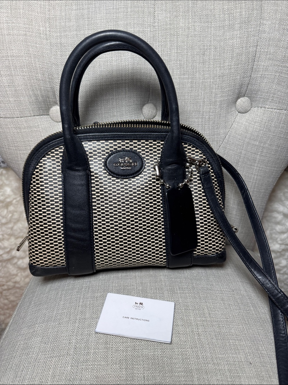 Coach Black and Ivory Woven Dome Satchel with Crossbody Strap